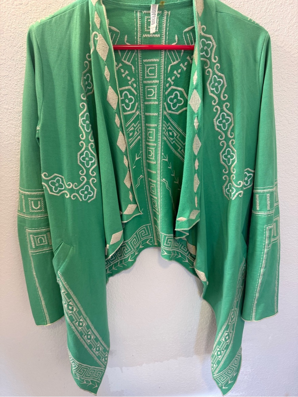 Monoreno Green Embroidered Open-Front Cardigan